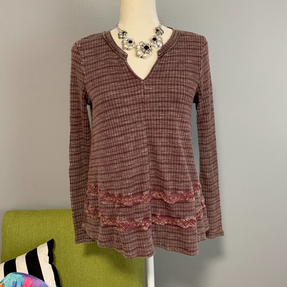 Altar’d State Treasured Saturday Red Ribbed Long Sleeve Top